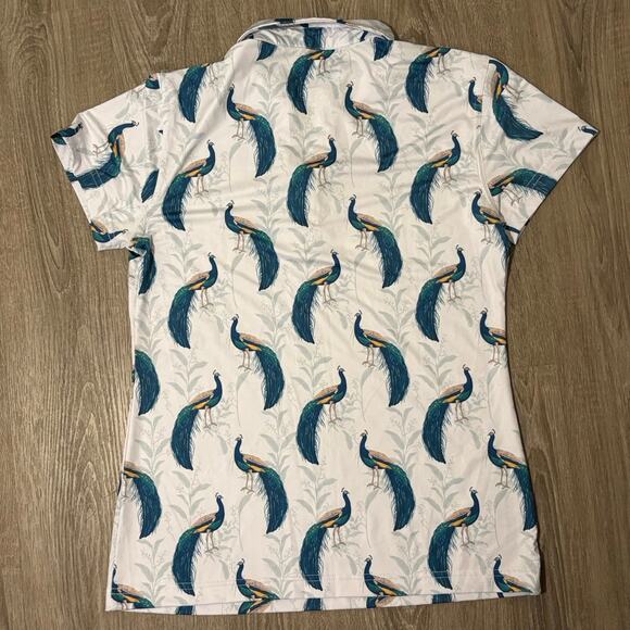 Waggle Peacock Print Golf Polo Small Stretch Performance Top - Picture 8 of 9